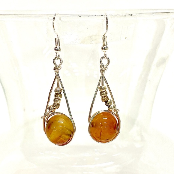 HANDMADE Genuine Carnelian & Sterling Silver Beads Hand Wrapped Dangle Earrings - Picture 7 of 10